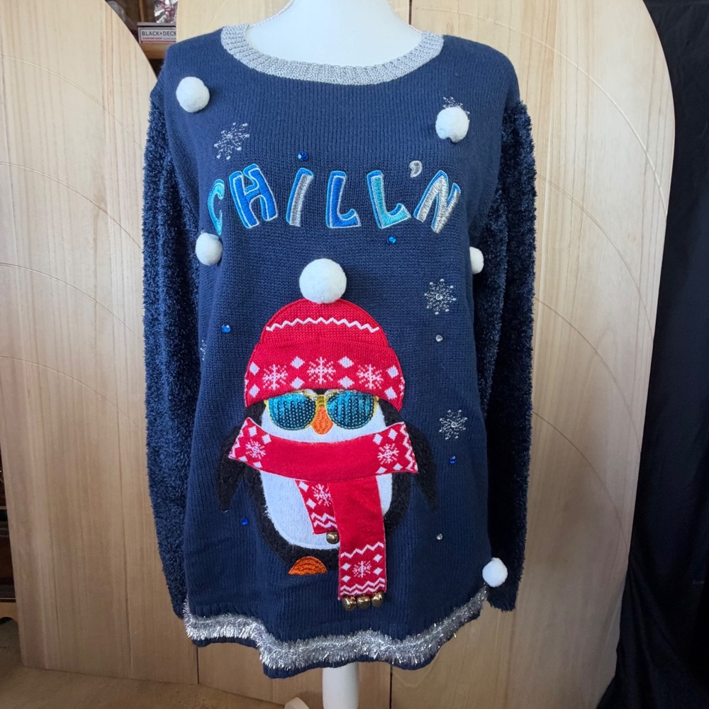 Holiday Time Sweater XL Blue Penguin Light Up Sequin Ugly Christmas Festive